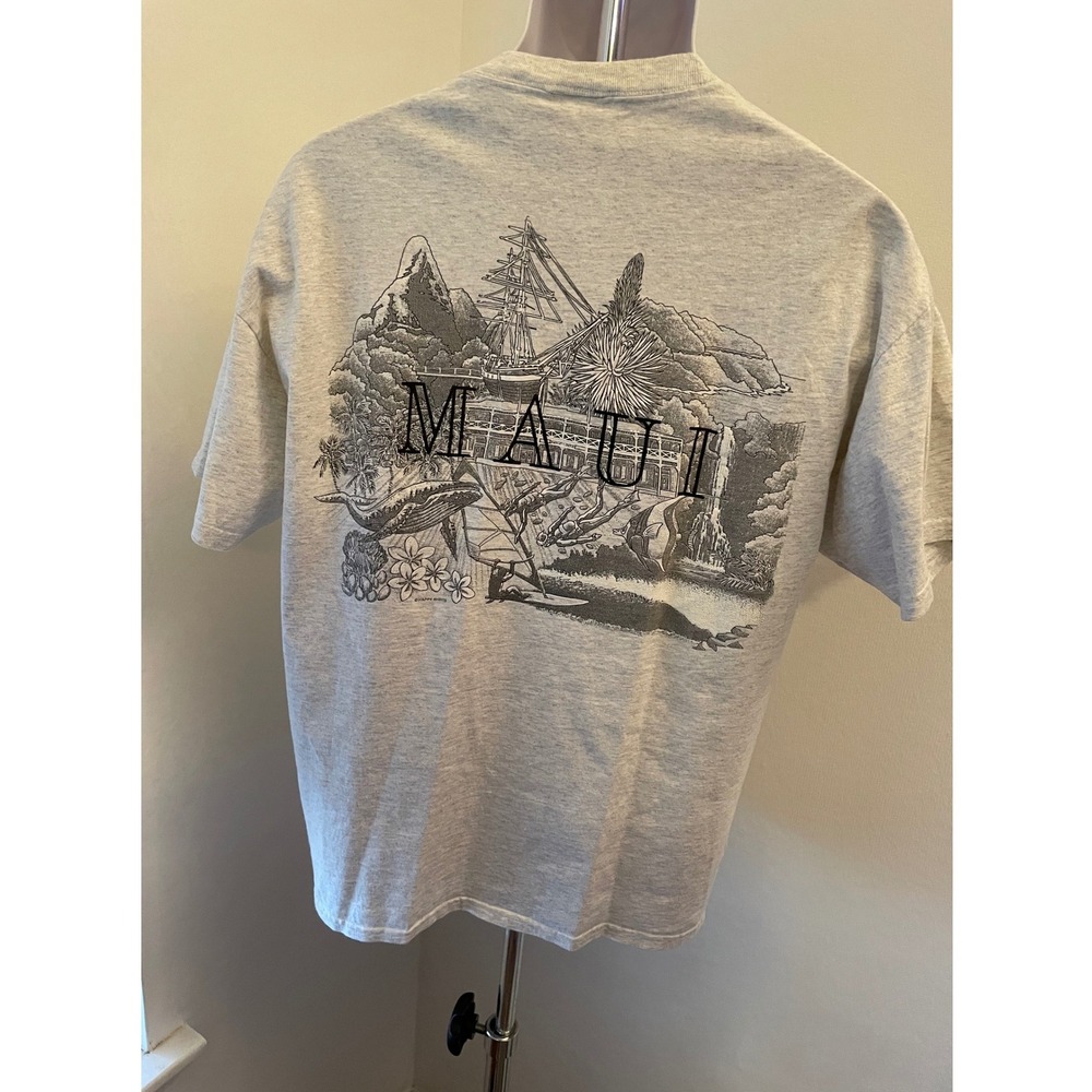 Vintage Hanes Maui Hawaii Graphic T-Shirt Gray Large Dolphins Whale Happy Shirts